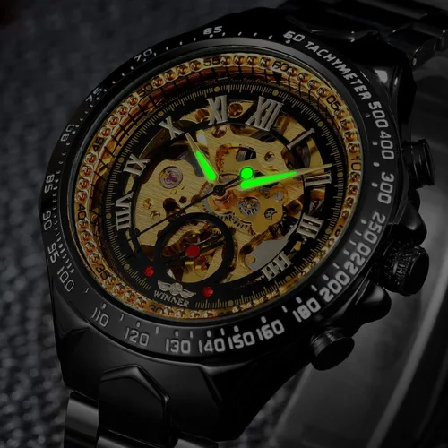 Vista 3 de IK COLOURING Reloj de pulsera mecánico de acero inoxidable con diseño steampunk, de cuerda automática con números romanos, Mecánico, cuerda