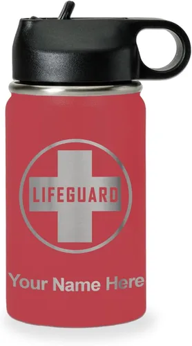 Vista 25 de LaserGram Botella de agua personalizada, salvavidas, acero inoxidable de doble pared aislada al vacío con popote superior, regalo grabado Negro