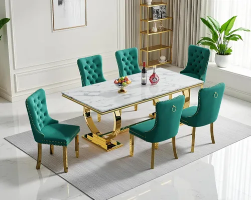 Vista 39 de Juego de mesa de comedor de mármol para 4, mesa de cocina rectangular de mármol blanco de 70 pulgadas con base en O de acero inoxidable dorado