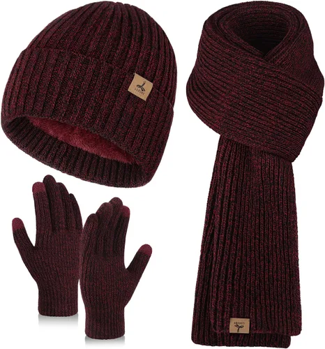 Vista 9 de Winter Hat Scarf Gloves Set, Knitted Ribbed Beanie Winter Gift Men Boys Mezcla gris y negro