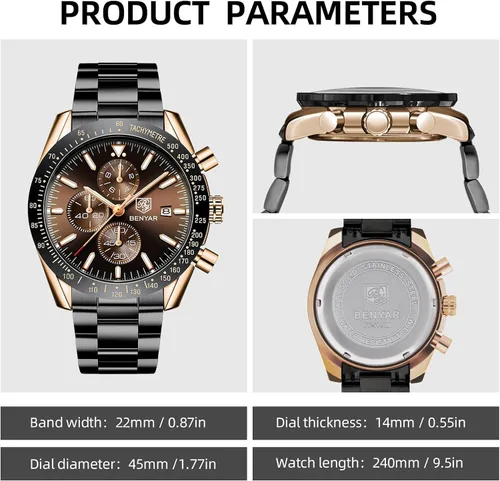 Vista 6 de BENYAR Reloj analógico de cuarzo cronógrafo impermeable luminoso de diseñador para hombre, reloj de pulsera para hombre, para negocios, trabajo