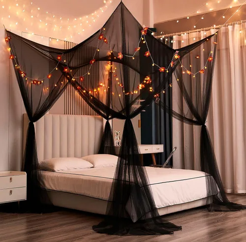 Vista 7 de Mengersi Cortinas de cama con dosel de 4 postes, mosquitero para cama tamaño Twin a Twin XL, cortinas de red para cama para camping, patio, red Negro