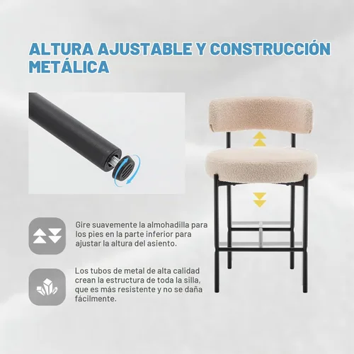Vista 6 de Cinxzar Taburetes de Bar Boucle Juego de 2, Taburetes de Bar de Altura de Mostrador Beige con Respaldos, Taburetes Modernos para Isla de Cocina
