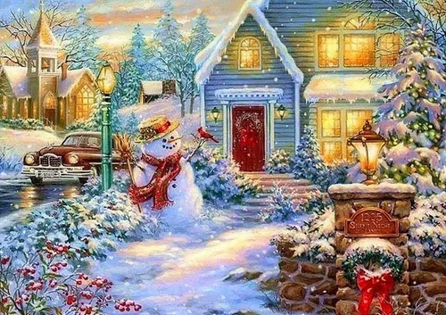Vista 7 de wifreo Pintura de diamante 5D con escena de nieve navideña, kit de pintura de diamantes por números para adultos y niños, bordado redondo de punto