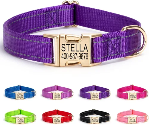 Vista 25 de Collar personalizado para perro con etiqueta de nombre, collar de nailon reflectante para mascotas, collares de perro con hebilla dorada grabada