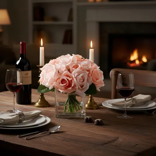 Vista 8 de 18 cabezas de rosas de imitación en jarrón, arreglo floral de rosas de Aritificail con jarrón para mesa de comedor, dormitorio, decoración de boda