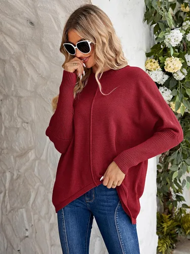 Vista 2 de Miessial Suéter largo de punto de gran tamaño para mujer, manga murciélago, cuello redondo, suéter ligero tipo túnica