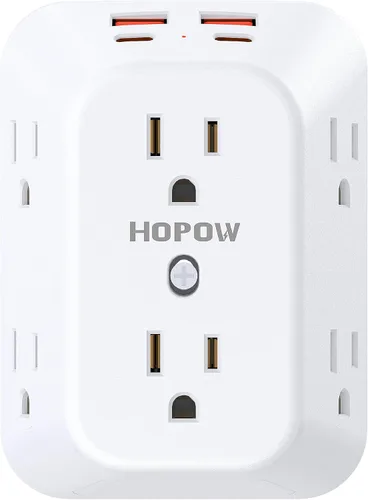 Vista 10 de Cargador de pared USB con protector contra sobretensiones, HOPOW extensor de 6 salidas con 4 puertos de carga USB (2 USB C), enchufe de pared