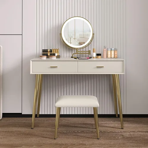 Vista 8 de Juego de escritorio con espejo giratorio de 360° y luces, pequeño tocador de maquillaje con cuero de microfibra, mesa de tocador con 2 cajones Beige