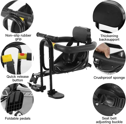 Vista 2 de Asiento delantero de bicicleta para niños con pedales y soporte para niños de 1 a 3 años de edad, sillín delantero estable portátil para bicicleta