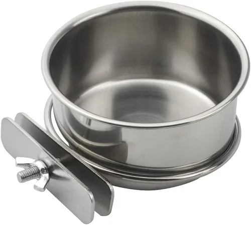 Vista 2 de Paquete de 2 vasos de alimentación de pájaros de acero inoxidable para loros, jaulas de agua con soporte de abrazadera para periquitos, conure