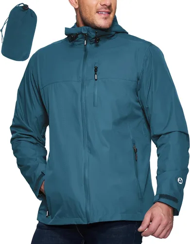 Vista 14 de Outdoor Ventures Chaqueta impermeable plegable con capucha para hombre, ligera, resistente al viento, para ciclismo