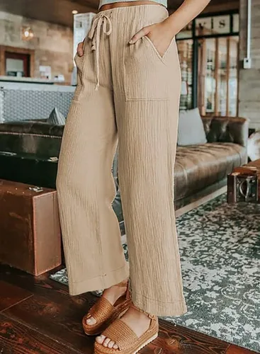 Vista 6 de Dokotoo Pantalones largos de estilo palazzo con bolsillos para mujer, cintura alta, elástica, pierna ancha, holgados, para el trabajo, 2024
