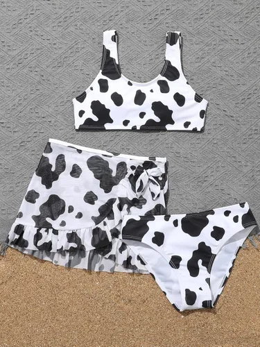 Vista 5 de SHENHE Traje de baño de 3 piezas con estampado de vaca y falda de playa para niña