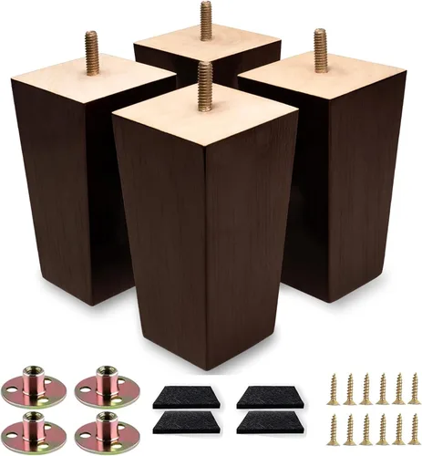 Vista 10 de Juego de 4 patas de sofá cuadradas para cama, patas de repuesto de madera de 2 pulgadas para muebles, color marrón oscuro