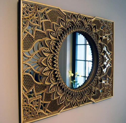 Vista 9 de BHDecor Espejo para decoración de pared para el hogar, marco tallado con corte láser, elegante mandala de madera para colgar, paneles de MDF