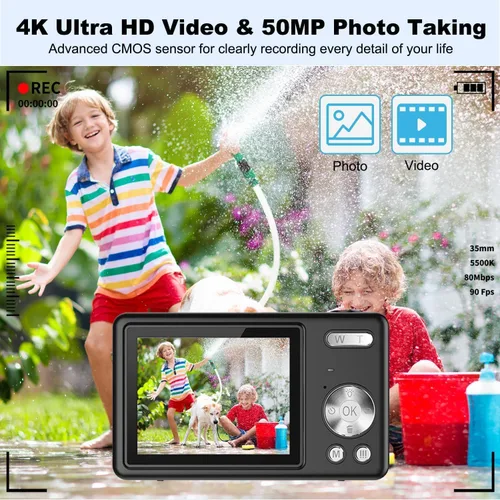 Vista 6 de Cámara digital, FHD 1080P apuntar y disparar cámara para niños, con tarjeta de 32 GB, sello de fecha antivibraciones con zoom 16X, compacto, Negro