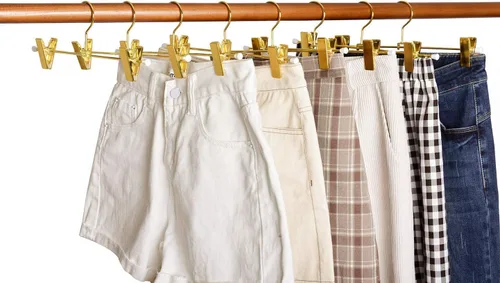 Vista 3 de Amber Home Paquete de 10 perchas de metal dorado brillante de 12 pulgadas para pantalones, resistentes para pantalones con 2 clips antideslizantes