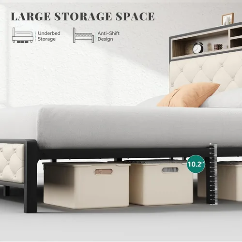 Vista 6 de YITAHOME Base de cama de plataforma tamaño Queen con cabecera de 45.2 pulgadas de alto, cabecera de almacenamiento tapizada con estación de carga