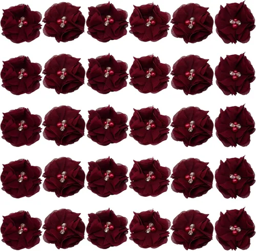 Vista 9 de 30 piezas de flores de gasa con diamantes de imitación de 2 pulgadas, apliques de tela de costura para ropa, manualidades, fiestas, decoración