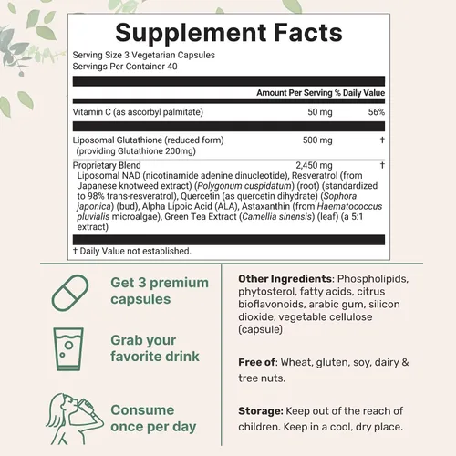 Vista 2 de Micro Ingredients Complejo de glutatión reducido liposomal 3,000 mg - Suplemento avanzado de glutatión 8 en 1 con NAD, resveratrol, quercetina