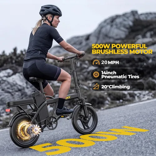 Vista 2 de WERHY Bicicleta eléctrica para adultos, motor de 500 W, bicicleta eléctrica plegable de velocidad máxima de 20 MPH, bicicletas eléctricas de 14