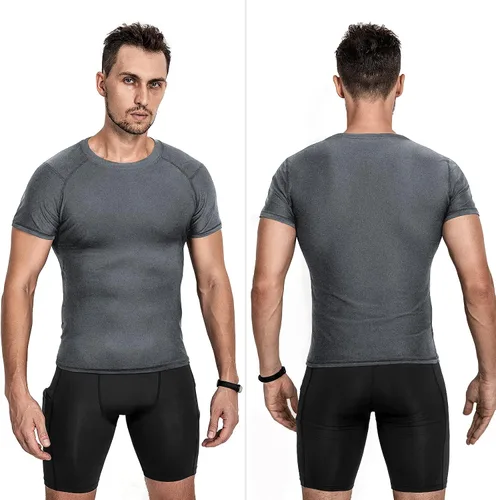 Vista 2 de Niksa Camisas de compresión para hombre, paquete de 3, camisetas de compresión atléticas de manga corta, camisetas de entrenamiento frescas y secas