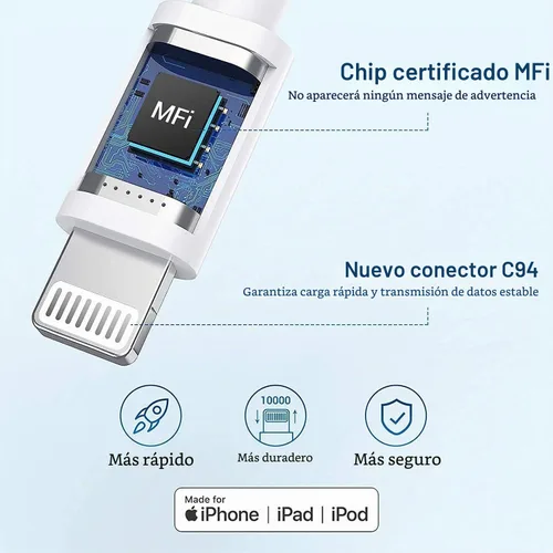 Vista 2 de Cargador para iPhone, [Certificado MFi de Apple], paquete de 2 cables Lightning de 3 pies cubo, cable de transferencia de carga para teléfono