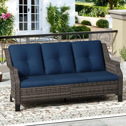 Vista 25 de Sofá de mimbre para patio al aire libre, sofá de 3 plazas, sofá de ratán con asiento profundo y cojines de olefina, respaldo alto, todo tipo de Beige
