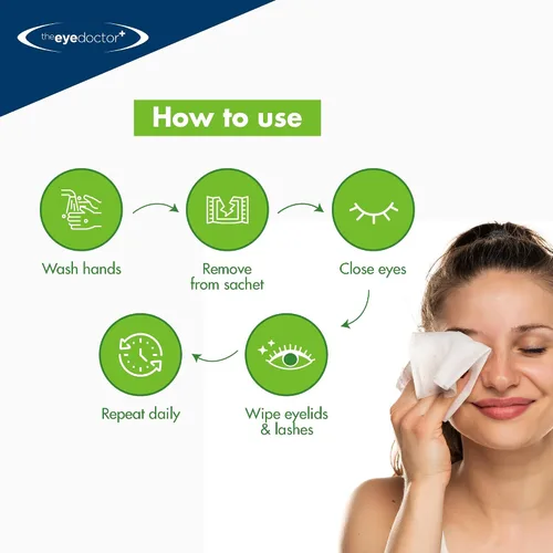Vista 5 de The Eye Doctor Toallitas para párpados de aceite de árbol de té, 20 toallitas de limpieza de ojos de un solo uso para el cuidado diario de la tapa
