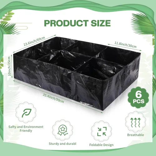 Vista 2 de 6 piezas de 35 galones de tela elevada cama de jardín transpirable contenedor de cultivo con 6 compartimentos rectangular grande elevado cama