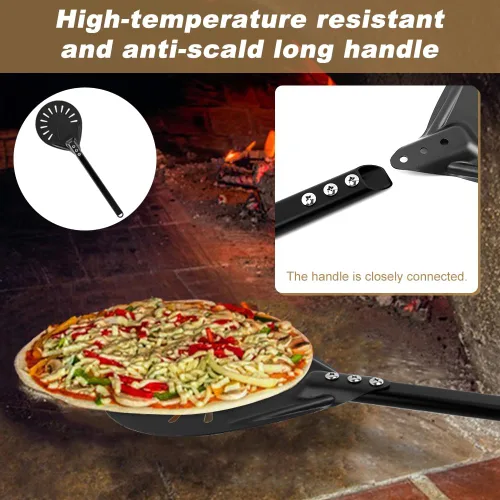 Vista 4 de Kit de accesorios para horno de pizza con cepillo para horno de pizza y raspador de piedra, mango largo perforado de aluminio de 7.8 pulgadas, rueda