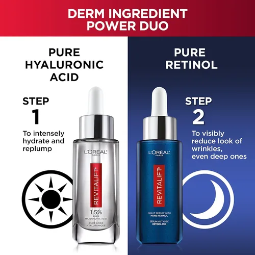 Vista 3 de L'Oreal Paris Revitalift - Suero facial de ácido hialurónico puro 1.5% + suero nocturno de retinol puro al 0.3%, 1 kit