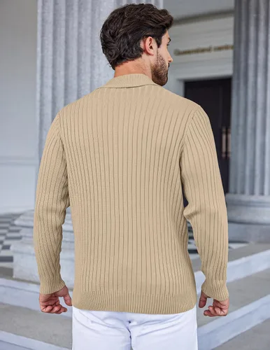 Vista 4 de COOFANDY Suéter de punto con cuello de chal para hombre, casual, ajustado, con botones, suéter de punto