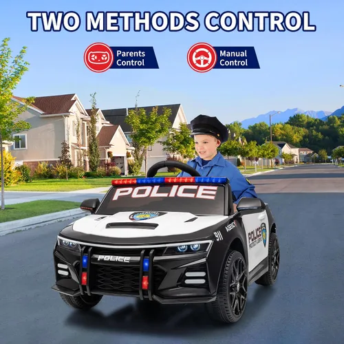 Vista 8 de Coche de policía de 12 V, funciona con pilas, autos de policía con control remoto, tonos de alerta de emergencia, luces intermitentes, música