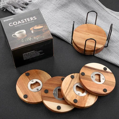 Vista 5 de WLWNWFT Posavasos de madera para bebidas con soporte para abridor de botellas, juego de 6, posavasos de madera de acacia para mesa de café, mesa