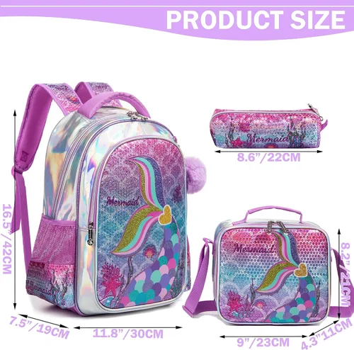 Vista 13 de Mochila para niñas de 16 pulgadas, mochilas para niñas para la escuela, mochila de lentejuelas con lonchera para estudiantes de primaria