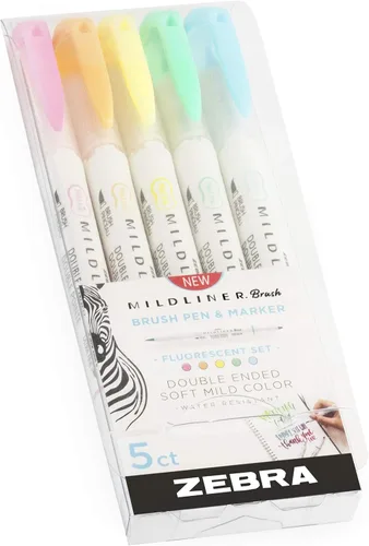 Vista 3 de Zebra Mildliner - Rotulador de pincel y rotulador, doble extremo, juego fluorescente de 5 pulgadas, cartera