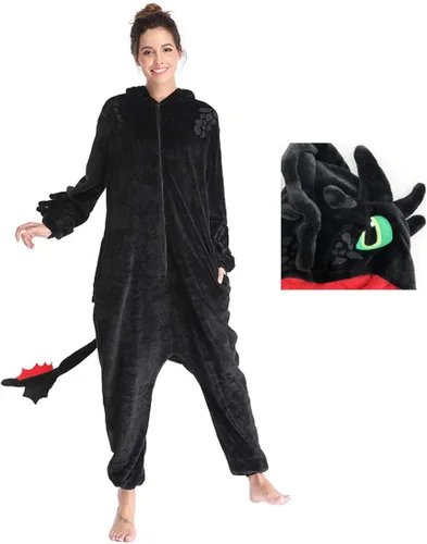 Vista 2 de Pijama sin dientes de cola de dragón animal mameluco de franela de felpa para Halloween Navidad pijamas para la familia, color negro