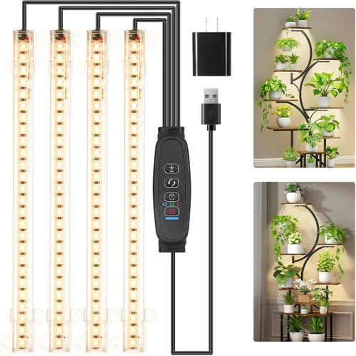 Vista 10 de RWNTAO Lámpara de cultivo de dos tiras para plantas de interior, tiras de luz LED de espectro completo rojo, azul y amarillo, con temporizador