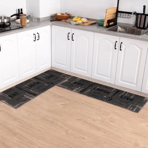 Vista 11 de Carvapet Juego de 2 alfombras de cocina con respaldo antideslizante, tapete para cocina, corredor de entrada, diseño de lema, negruzco/gris oscuro