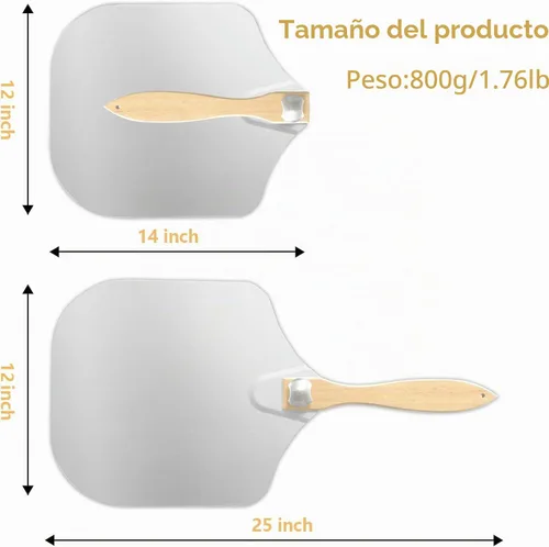 Vista 2 de Luvan Pala de pizza de metal de aluminio con mango de madera plegable, cáscara de pizza de aluminio de 12 x 14 pulgadas, paleta de pizza plegable