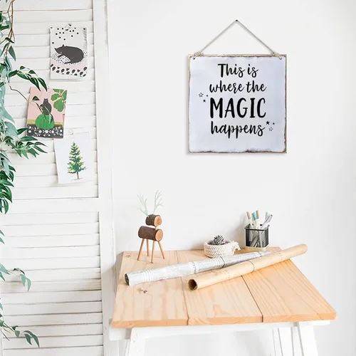 Vista 4 de Letrero de madera colgante para decoración de pared del hogar, con texto en inglés «This is Where the Magic Happens», placa artística para sala
