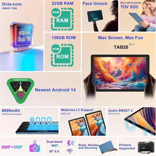 Vista 2 de 2025 Tablet Android 14 de 10 pulgadas, 22 GB RAM + 128 GB ROM/1 TB de expansión, batería de 8000 mAh, Octa-Core, pantalla IPS HD de 1280 * 800