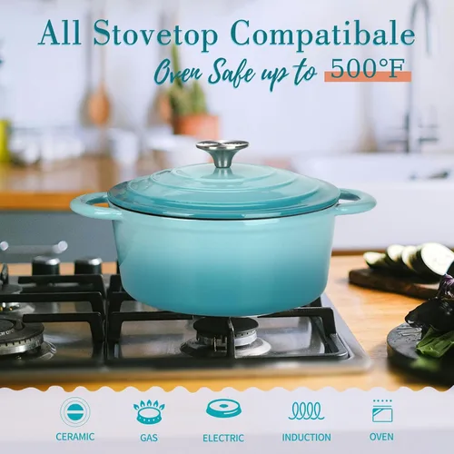 Vista 3 de COOKWIN Horno holandés de hierro fundido, olla redonda de 3 QT con tapa autobronceadora para hornear en casa, brasero, cocina, excelentes regalos