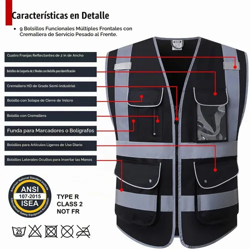Vista 2 de Chaleco de seguridad reflectante para hombres y mujeres, chaleco de malla de alta visibilidad con 9 bolsillos y cremallera frontal, chaleco