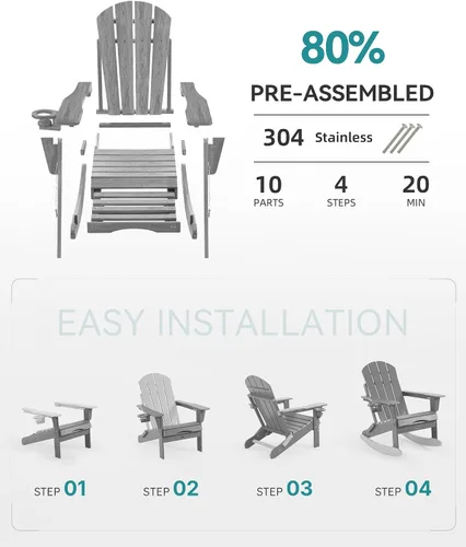 Vista 7 de Silla mecedora Adirondack ajustable con otomano retráctil, silla plegable multifuncional 4 en 1 para patio con portavasos, silla de exterior