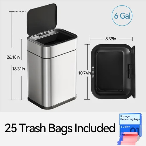 Vista 2 de FRESHLIX Bote de basura de acero inoxidable con sensor de movimiento de 360°, bolsas de absorción automática, tapa de cierre silencioso, sin