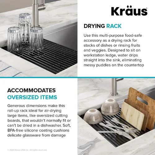 Vista 6 de Kraus Multiusos Escurreplatos Enrollable para Fregadero con Colador y Esterilla en Aqua, KRM-11AQ