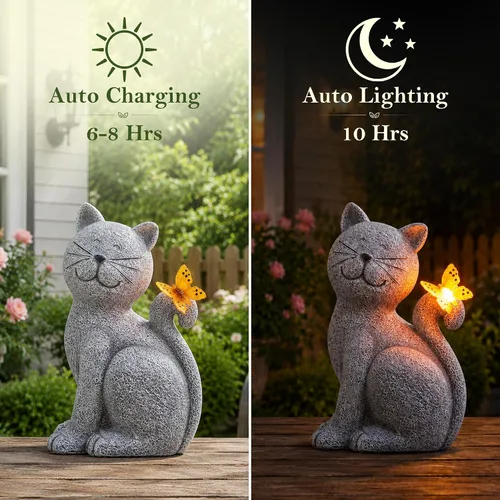 Vista 8 de Nacome Estatuas de Gato para Exteriores para Jardín: Decoración Exterior con Mariposa en Liquidación para Arte de Patio, Adornos de Césped, Porche
